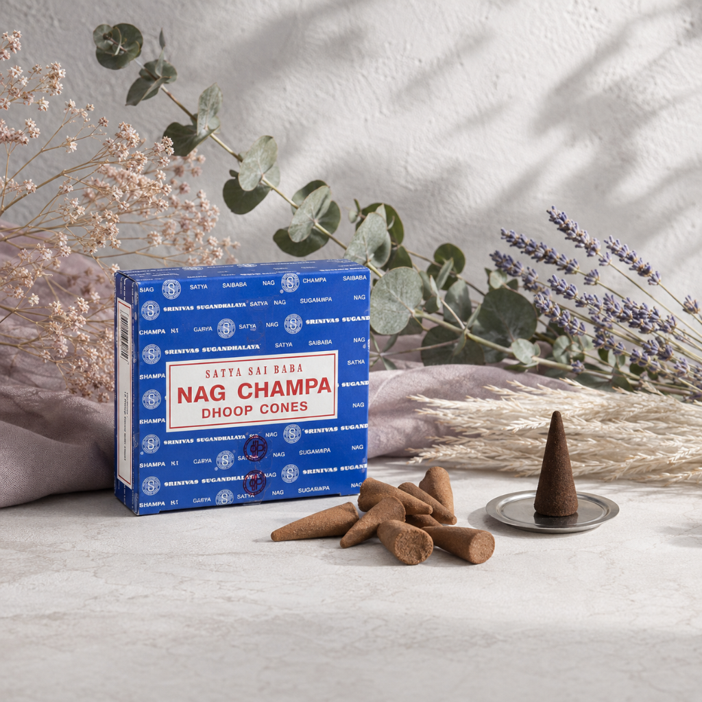 Satya Nag Champa Dhoop Cones with loose cones and a small disc burner styled with eucalyptus, lavender, pale botanicals, and mauve accents in a cool-toned studio setting. — for Carpe Diem Dream
