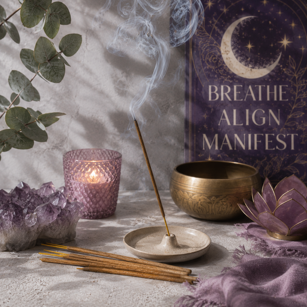 Satya Nag Champa incense styled in a cool-toned celestial meditation setting with amethyst, singing bowl, mauve accents, and soft incense smoke. — for Carpe Diem Dream.