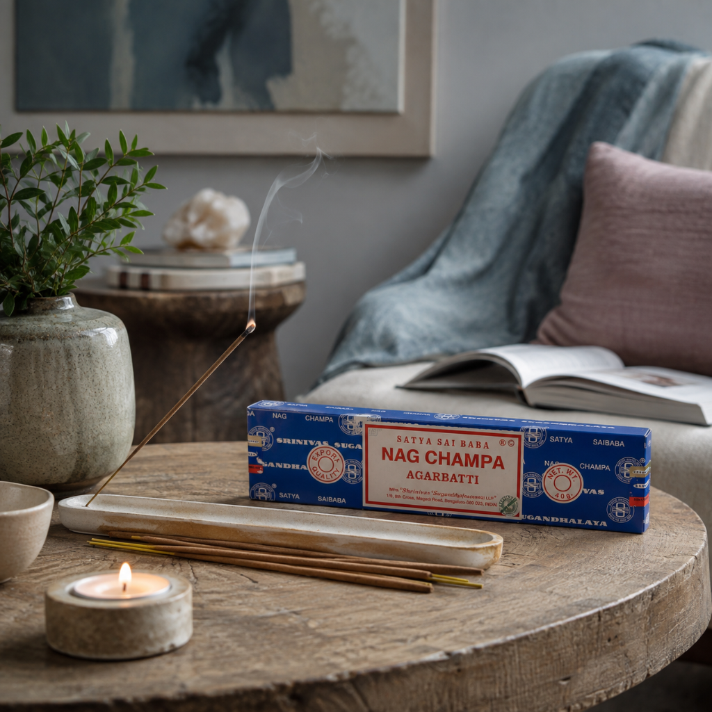 Satya Nag Champa incense displayed in a cool-toned living space with a ceramic incense holder, soft textiles, and botanical accents. — for Carpe Diem Dream.