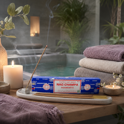 Satya Nag Champa incense in a cool-toned spa retreat setting with a ceramic incense holder, folded towels, soft mauve accents, and tranquil water features. — for Carpe Diem Dream.