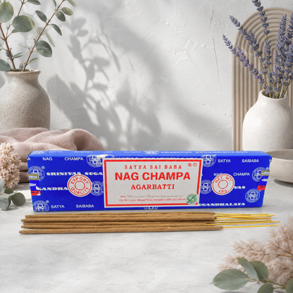 Satya Nag Champa incense box and sticks styled in the CDD Studio Botanical setting with cool pale stone, eucalyptus, lavender, soft mauve textile, and botanical shadows. — for Carpe Diem Dream.