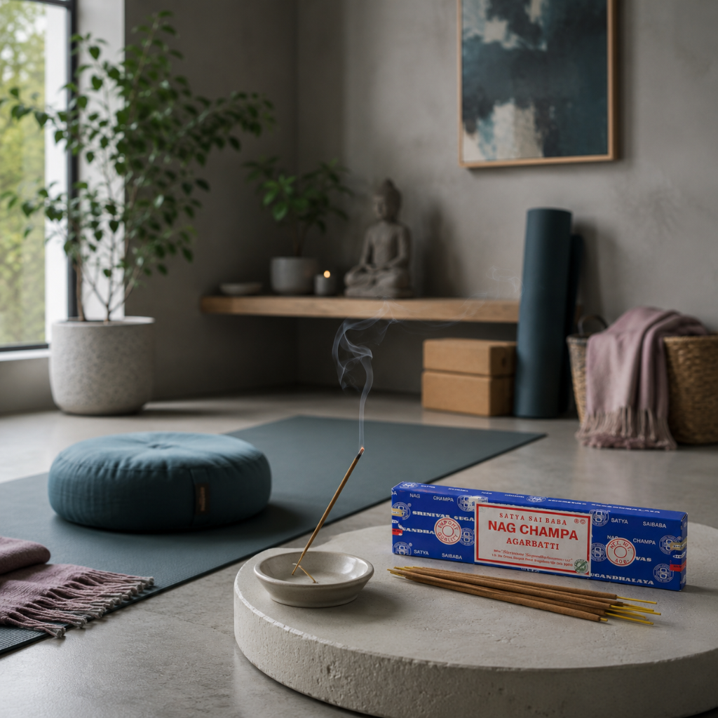 Satya Nag Champa incense in a cool-toned yoga and meditation space with a ceramic incense holder, teal mat, meditation cushion, and soft mauve accents. — for Carpe Diem Dream.