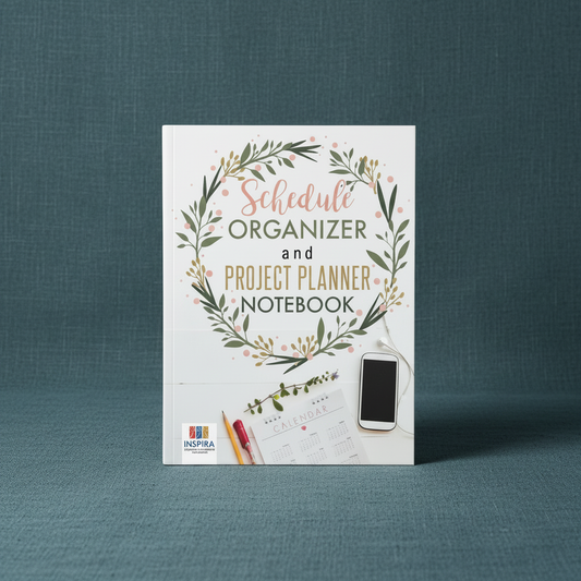 Schedule Organizer and Project Planner Notebook standing upright on a textured teal linen background with the floral wreath cover fully visible. — for Carpe Diem Dream