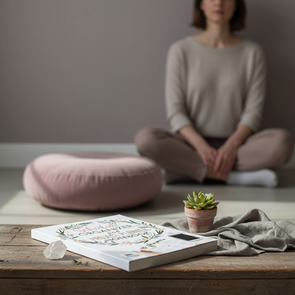 Schedule Organizer and Project Planner Notebook resting on a wooden table in a calm meditation space with a seated woman, floor cushion, crystal, and succulent in the background. — for Carpe Diem Dream