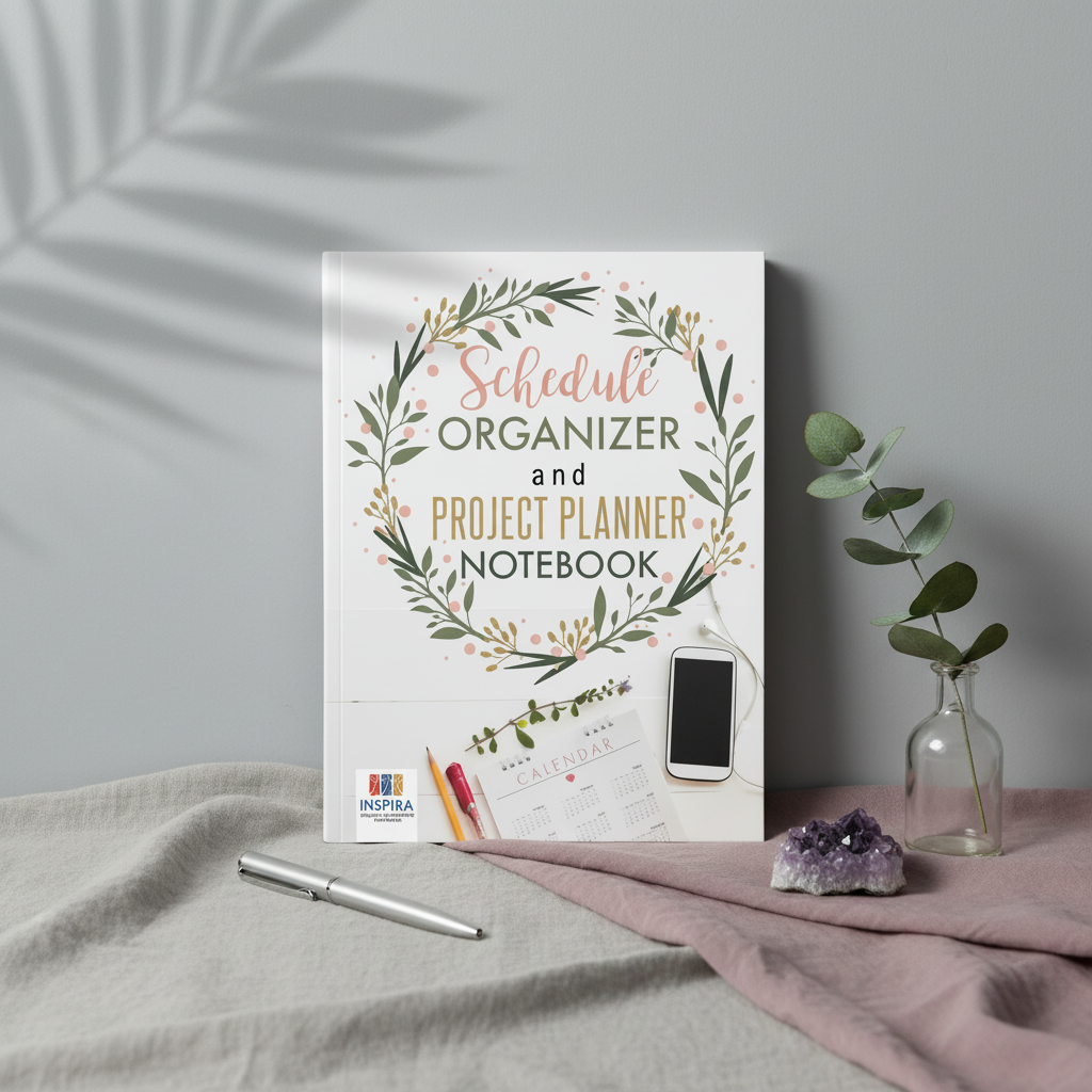 Schedule Organizer and Project Planner Notebook displayed on layered linen fabric with eucalyptus stems, an amethyst crystal, and soft botanical shadows against a cool gray backdrop. — for Carpe Diem Dream