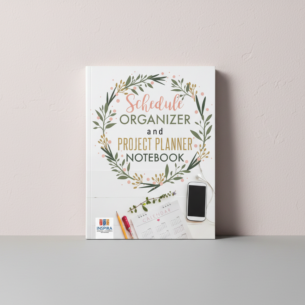 Schedule Organizer and Project Planner Notebook displayed upright on a soft gray surface against a pale blush textured wall with the floral wreath cover clearly visible. — for Carpe Diem Drea
