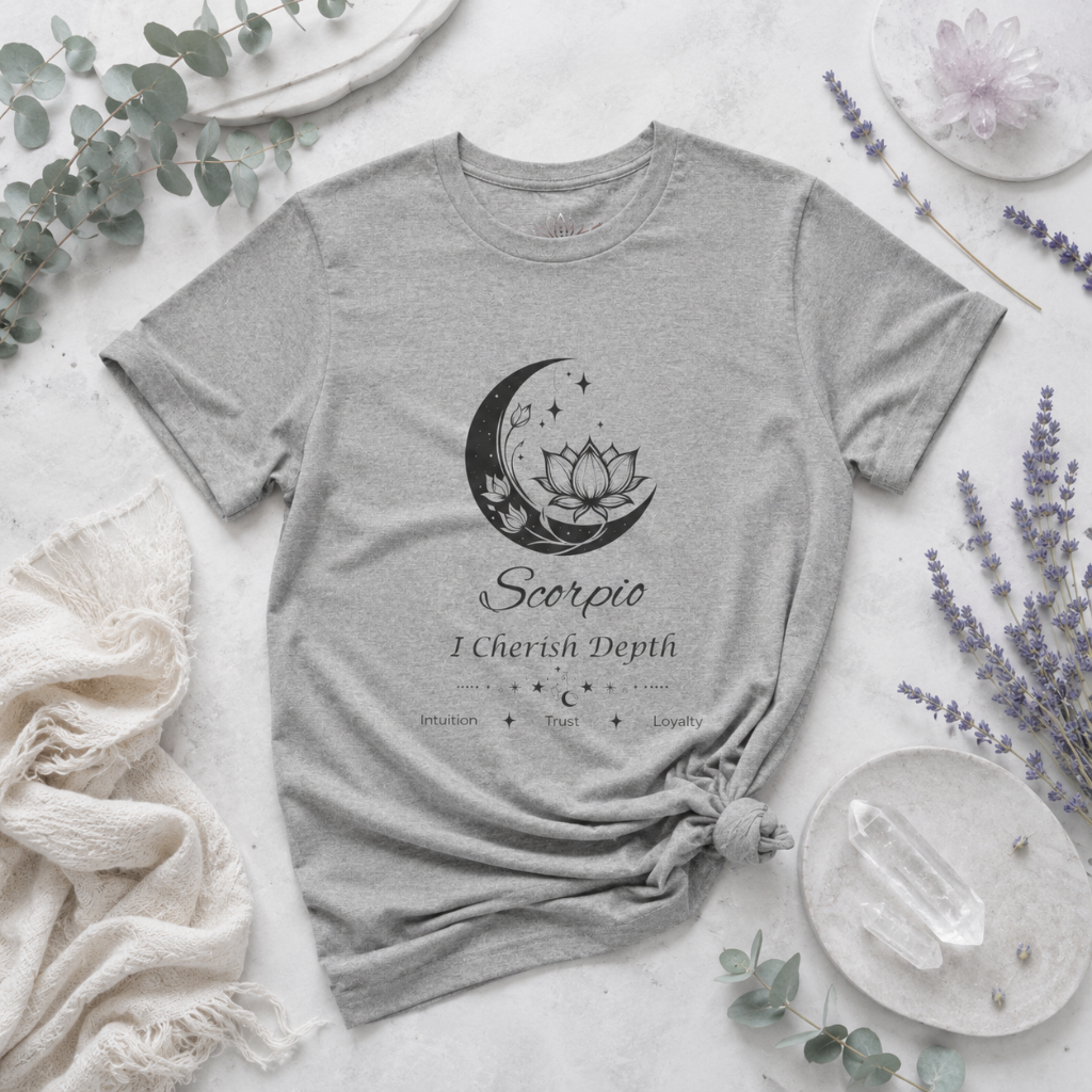 Scorpio Moon I Cherish Depth zodiac T-shirt in Athletic Heather with black moon-inspired lotus, floral, and celestial artwork and Intuition, Trust, Loyalty text, styled in a cool-toned studio botanical flat lay. — for Carpe Diem Dream