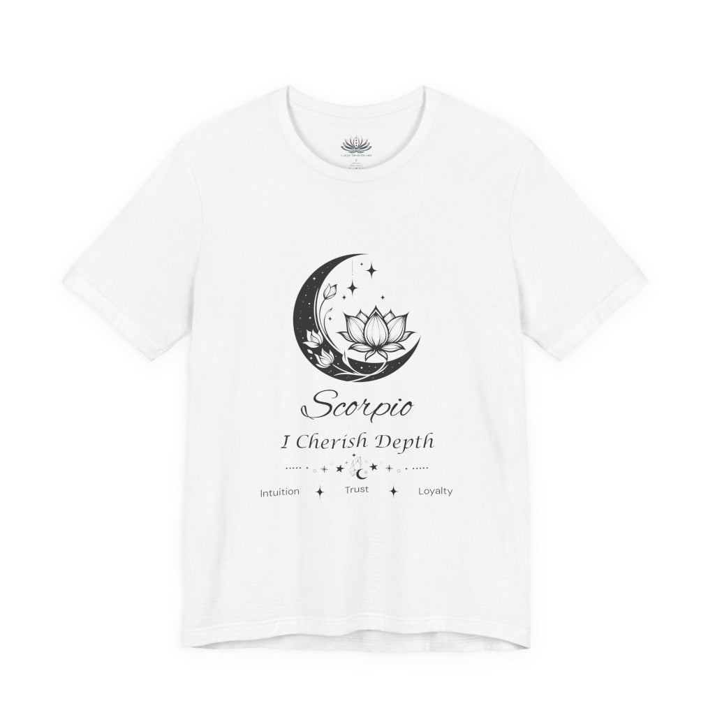 White Scorpio Moon I Cherish Depth zodiac T-shirt with black moon-inspired lotus, floral, and celestial artwork, shown in a flat front supplier mockup. — for Carpe Diem Dream