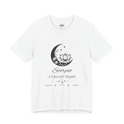 White Scorpio Moon I Cherish Depth zodiac T-shirt with black moon-inspired lotus, floral, and celestial artwork, shown in a flat front supplier mockup. — for Carpe Diem Dream