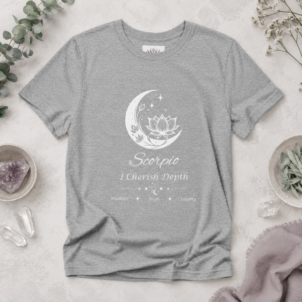 Scorpio Moon I Cherish Depth zodiac T-shirt in Athletic Heather with white moon-inspired lotus, floral, and celestial artwork and Intuition, Trust, Loyalty text, styled in a cool-toned studio botanical flat lay. — for Carpe Diem Dream