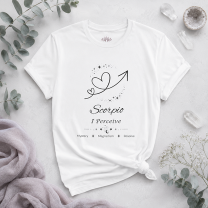 Scorpio Rising I Perceive zodiac T-shirt in white with black celestial heart and arrow artwork and Mystery, Magnetism, Resolve text, styled in a cool-toned studio botanical flat lay. — for Carpe Diem Dream