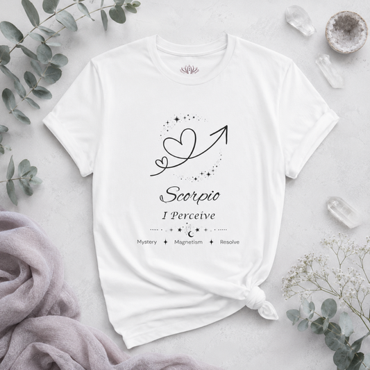 Scorpio Rising I Perceive zodiac T-shirt in white with black celestial heart and arrow artwork and Mystery, Magnetism, Resolve text, styled in a cool-toned studio botanical flat lay. — for Carpe Diem Dream
