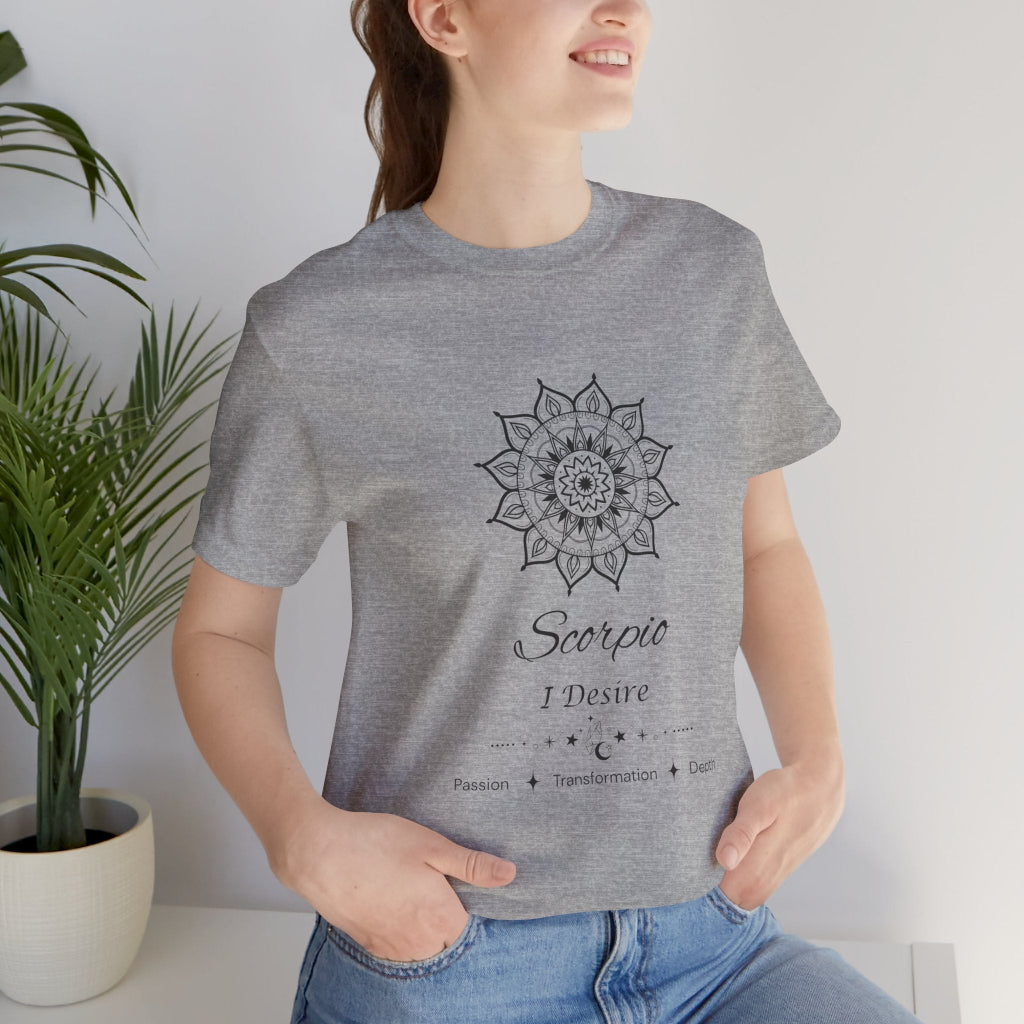 Scorpio Sun I Desire zodiac T-shirt in athletic heather with black sun-inspired mandala artwork, shown worn by a model in a supplier mockup. — for Carpe Diem Dream