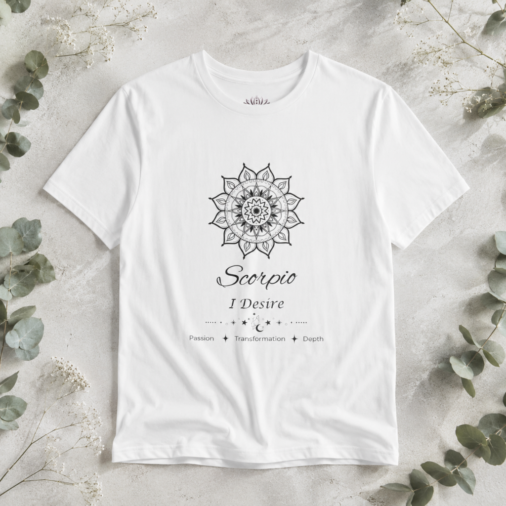 Scorpio Sun I Desire zodiac T-shirt in white with black sun-inspired mandala artwork and Passion, Transformation, Depth text, styled in a cool-toned studio botanical flat lay. — for Carpe Diem Dream