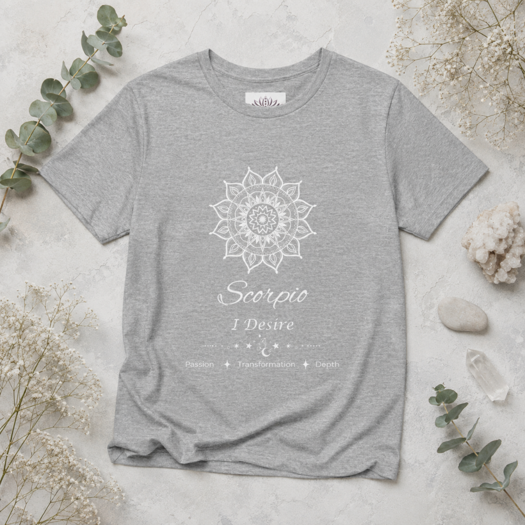 Scorpio Sun I Desire zodiac T-shirt in athletic heather with white sun-inspired mandala artwork and Passion, Transformation, Depth text, styled in a cool-toned studio botanical flat lay. — for Carpe Diem Dream