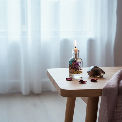 A Scorpio zodiac oil candle with deep-toned botanicals in a clear glass vessel sits on a wooden table near a softly lit window with sheer curtains, styled with rose petals and a crystal accent. — for Carpe Diem Dream