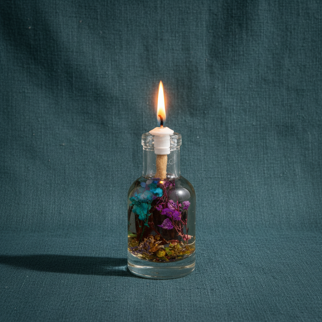 A Scorpio zodiac oil candle with deep-toned botanicals in a clear glass vessel burns with a steady flame against a textured teal background. — for Carpe Diem Dream