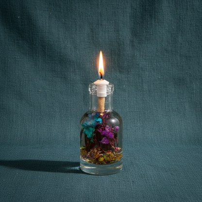 A Scorpio zodiac oil candle with deep-toned botanicals in a clear glass vessel burns with a steady flame against a textured teal background. — for Carpe Diem Dream
