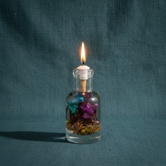 A Scorpio zodiac oil candle with deep-toned botanicals in a clear glass vessel burns with a steady flame against a textured teal background. — for Carpe Diem Dream