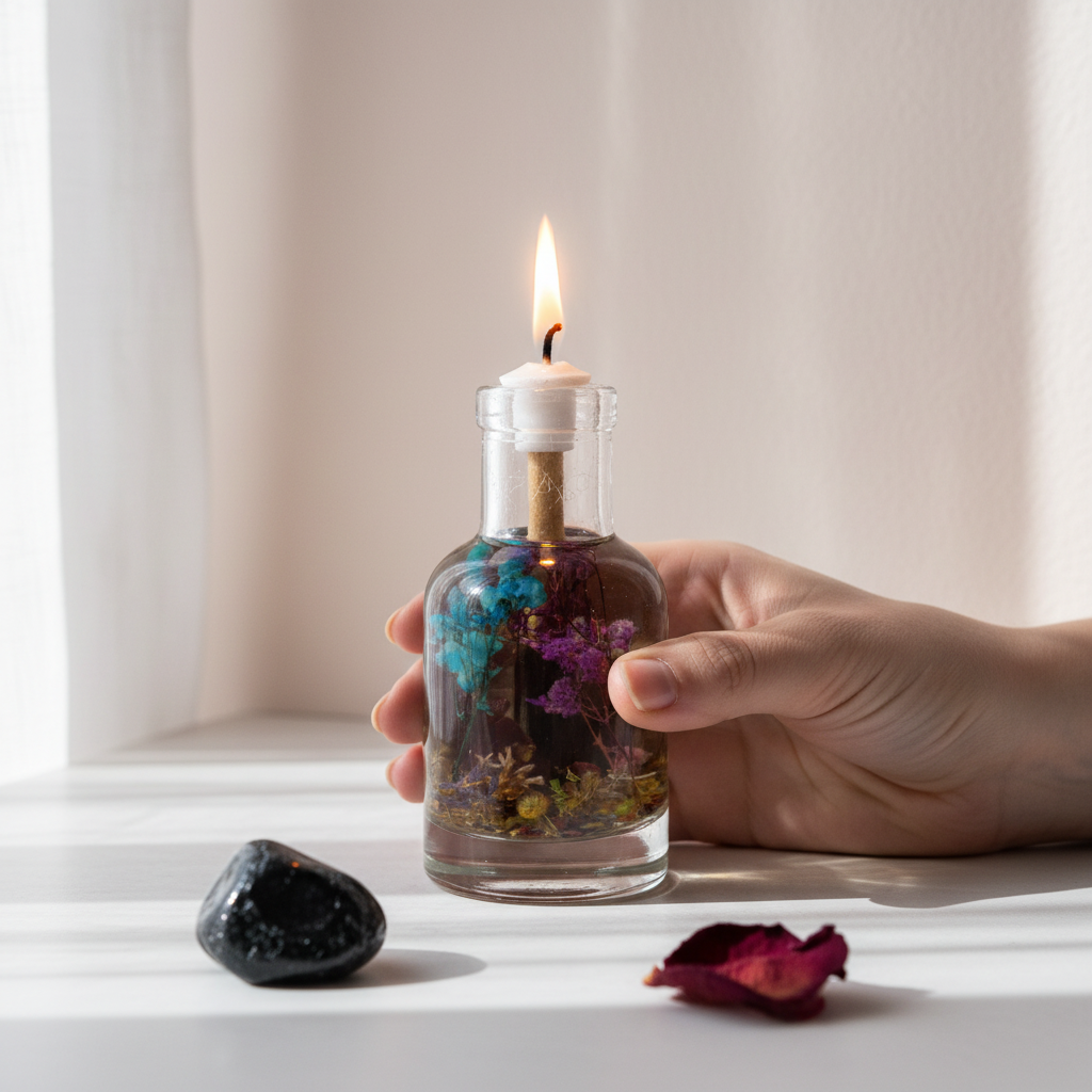 A hand holds a Scorpio zodiac oil candle with deep-toned botanicals in a clear glass vessel beside a small stone and rose petal, showing size and scale in soft natural light. — for Carpe Diem Dream