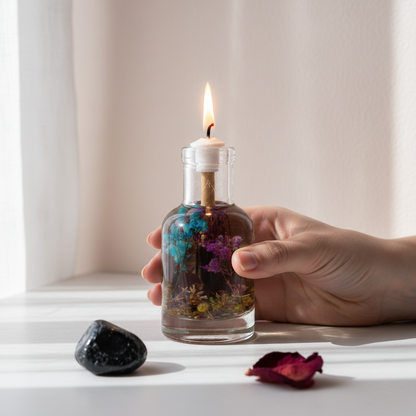 A hand holds a Scorpio zodiac oil candle with deep-toned botanicals in a clear glass vessel beside a small stone and rose petal, showing size and scale in soft natural light. — for Carpe Diem Dream