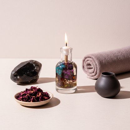 A Scorpio zodiac oil candle with deep-toned botanicals in a clear glass vessel is styled with a rolled towel, dried petals, and a small bowl in a calm spa-inspired setting. — for Carpe Diem Dream