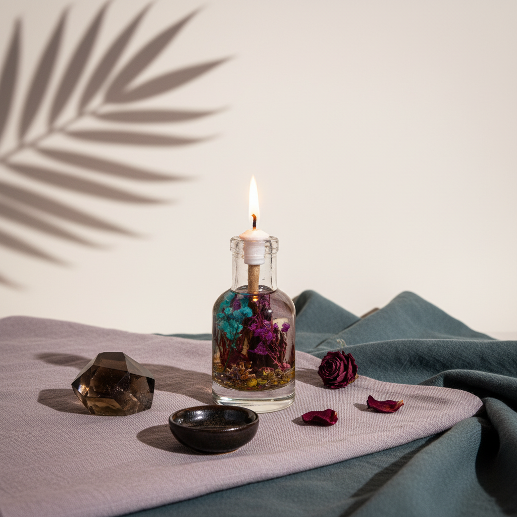 A Scorpio zodiac oil candle with deep-toned botanicals in a clear glass vessel is styled on soft fabric with rose petals, a dark dish, and a crystal accent against a neutral background with botanical shadows. — for Carpe Diem Dream