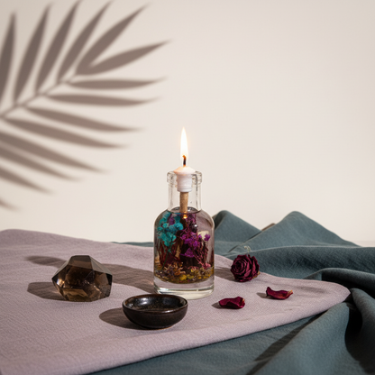 A Scorpio zodiac oil candle with deep-toned botanicals in a clear glass vessel is styled on soft fabric with rose petals, a dark dish, and a crystal accent against a neutral background with botanical shadows. — for Carpe Diem Dream