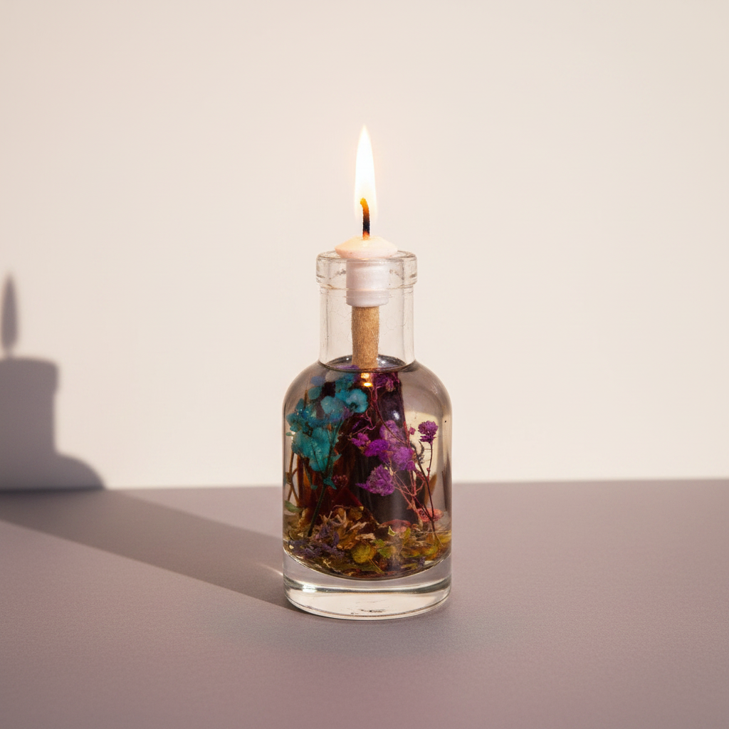 A Scorpio zodiac oil candle with deep-toned botanicals in a clear glass vessel burns with a steady flame against a soft neutral studio background. — for Carpe Diem Dream