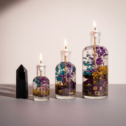 Three Scorpio zodiac oil candles in different sizes with deep-toned botanicals in clear glass vessels are displayed side by side on a neutral background with a small crystal accent. — for Carpe Diem Dream
