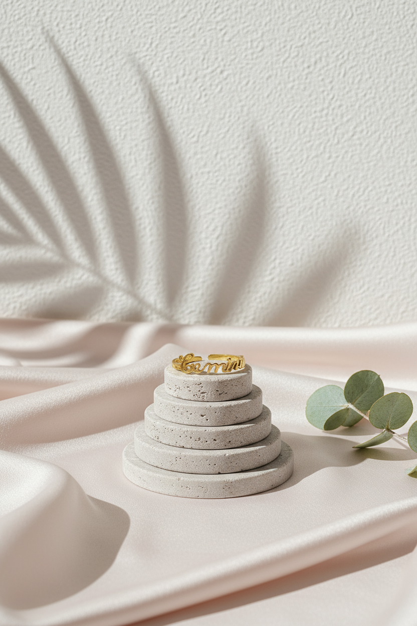 18K gold Scripted Zodiac Ring featuring delicate cursive lettering of zodiac Gemini, displayed on botanical pink silk and travertine background for Carpe Diem Dream