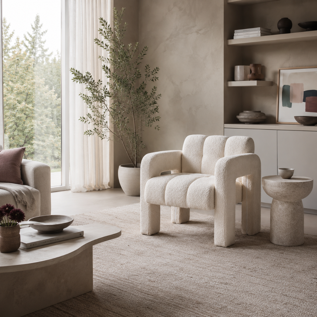 Beige sculpted bouclé upholstered accent chair styled in an airy living room with light greige walls, warm white furnishings, soft stone surfaces, cool taupe ceramics, and subtle mauve accents. — for Carpe Diem Dream