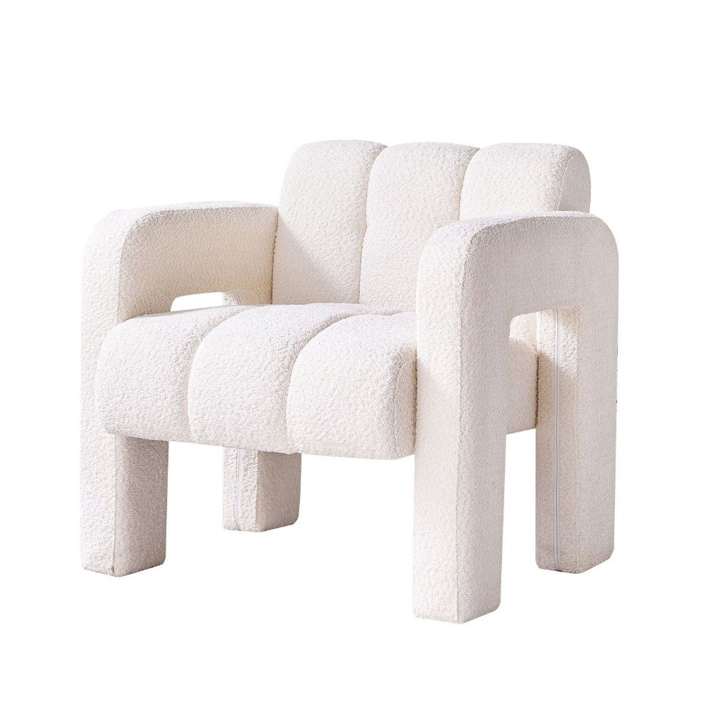 Beige sculpted bouclé upholstered accent chair with rounded arms, segmented cushioning, and a solid architectural frame. — for Carpe Diem Dream