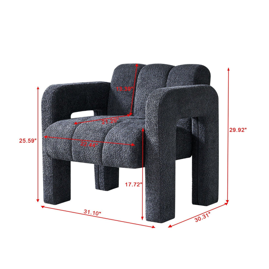 Dark gray sculpted bouclé upholstered accent chair dimension diagram showing overall width, depth, height, seat width, seat depth, seat height, and backrest height. — for Carpe Diem Dream