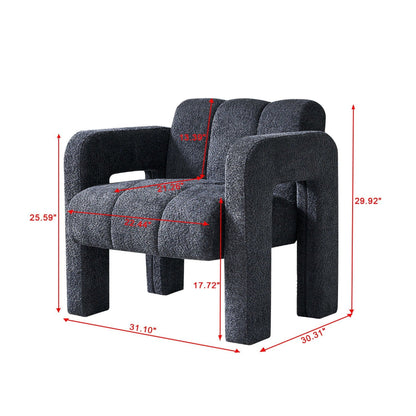 Dark gray sculpted bouclé upholstered accent chair dimension diagram showing overall width, depth, height, seat width, seat depth, seat height, and backrest height. — for Carpe Diem Dream
