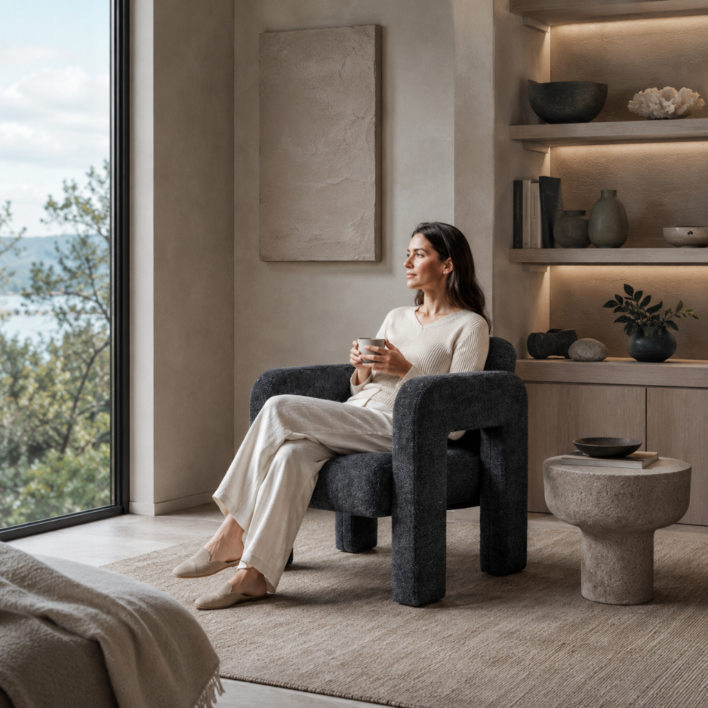 Woman relaxing in the dark gray sculpted bouclé upholstered accent chair beside a large window in a calm room with light greige walls, soft stone surfaces, warm white textiles, and medium stone accents. — for Carpe Diem Dream