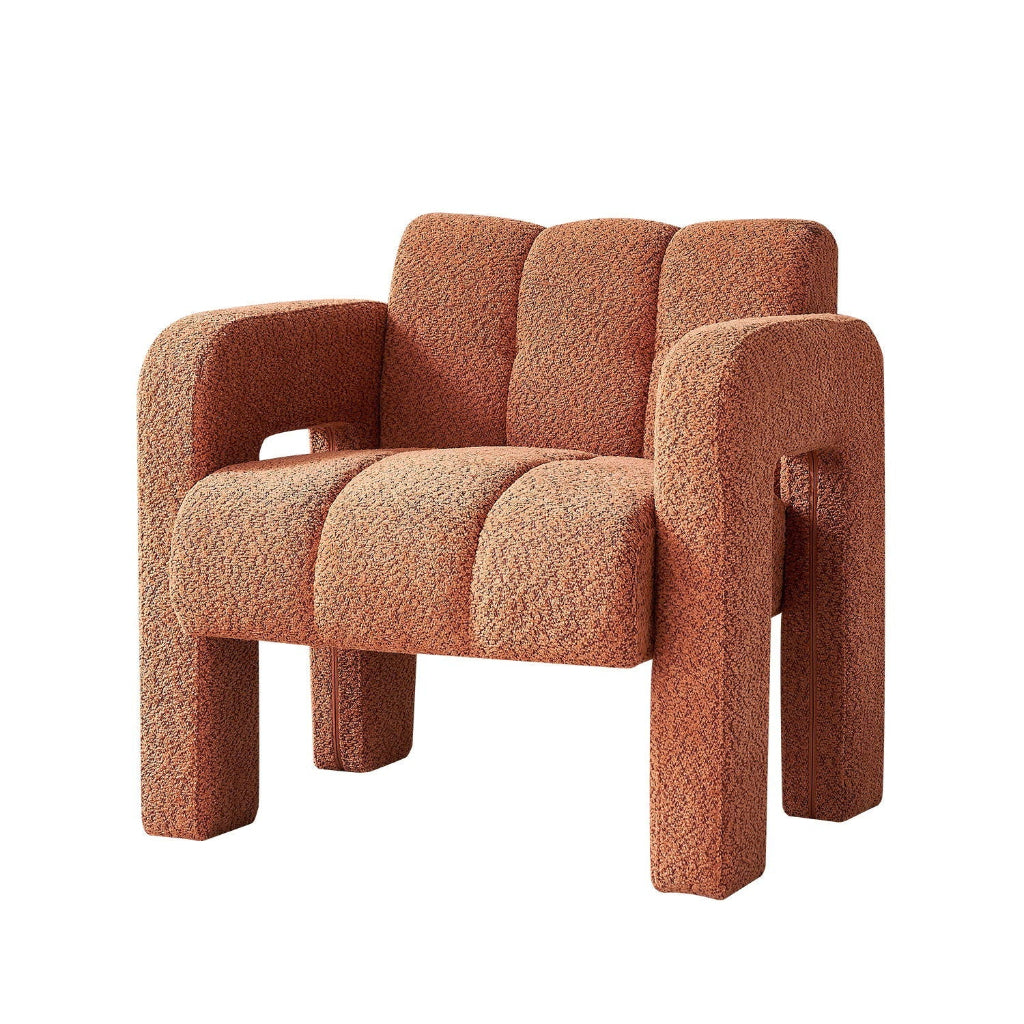 Orange sculpted bouclé upholstered accent chair with rounded arms, segmented cushioning, and a solid architectural frame. — for Carpe Diem Dream