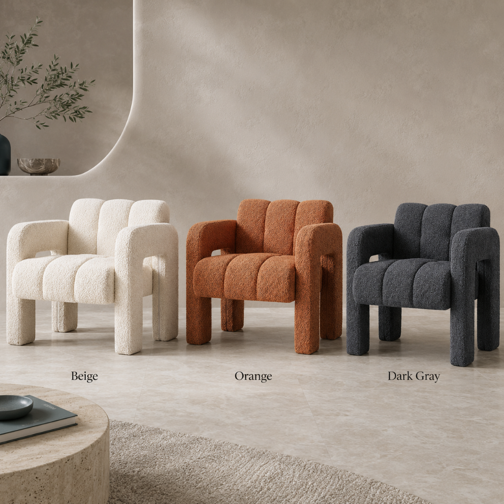 Beige, orange, and dark gray sculpted bouclé upholstered accent chair variants displayed side by side in a refined cool-toned studio setting. — for Carpe Diem Dream