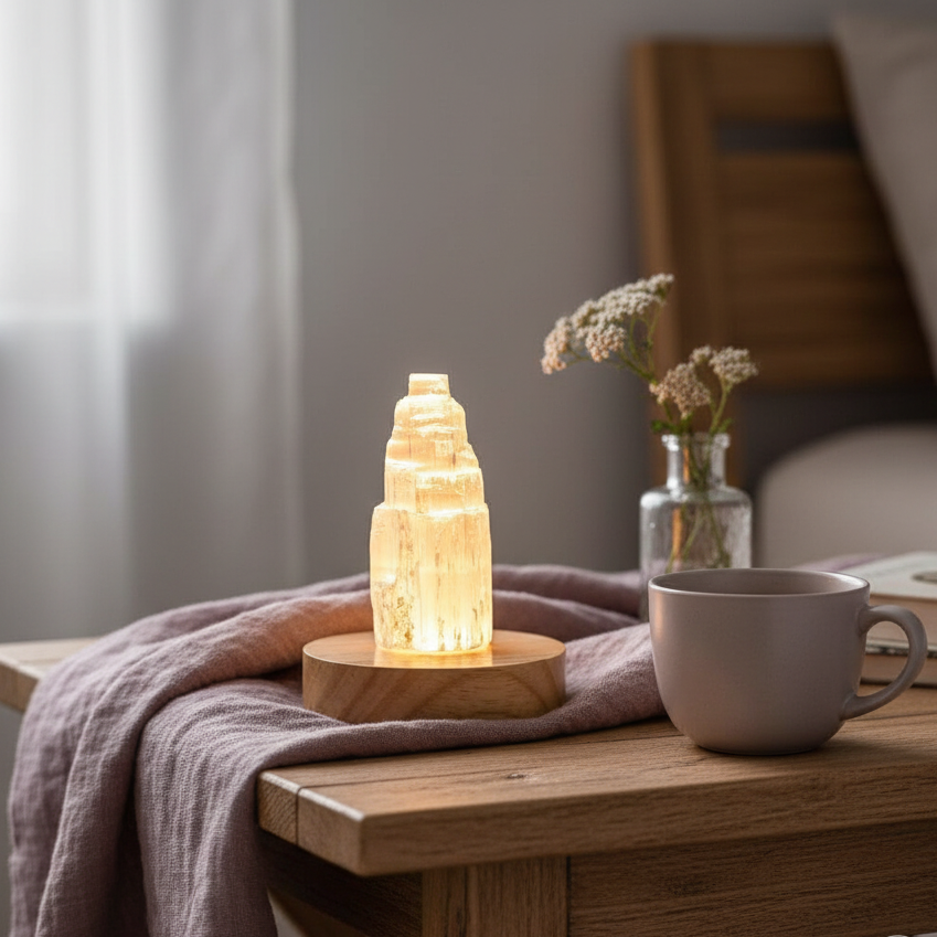 Selenite cleansing crystal lamp glowing on a round wooden base on a bedside table with a mug, cloth, and small vase of flowers. — for Carpe Diem Dream