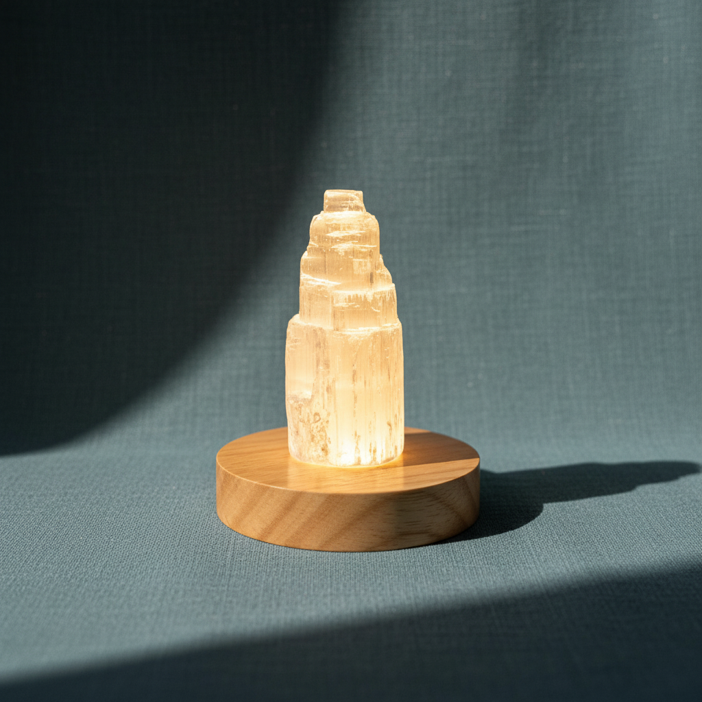 Selenite cleansing crystal lamp glowing warmly on a round wooden base against a muted teal background. — for Carpe Diem Dream
