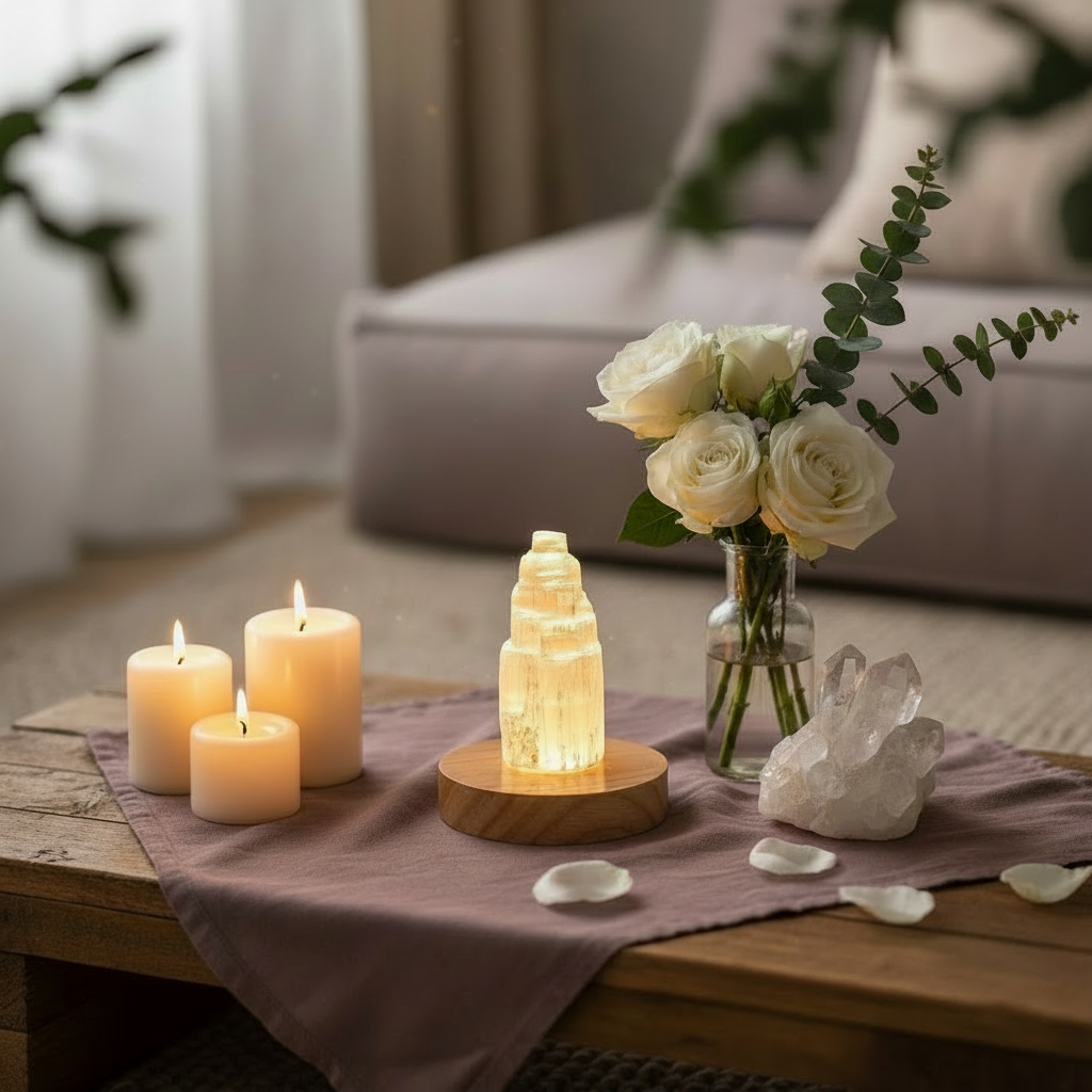 Selenite cleansing crystal lamp glowing on a round wooden base in a meditation setting with candles, roses, and clear quartz crystals. — for Carpe Diem Dream