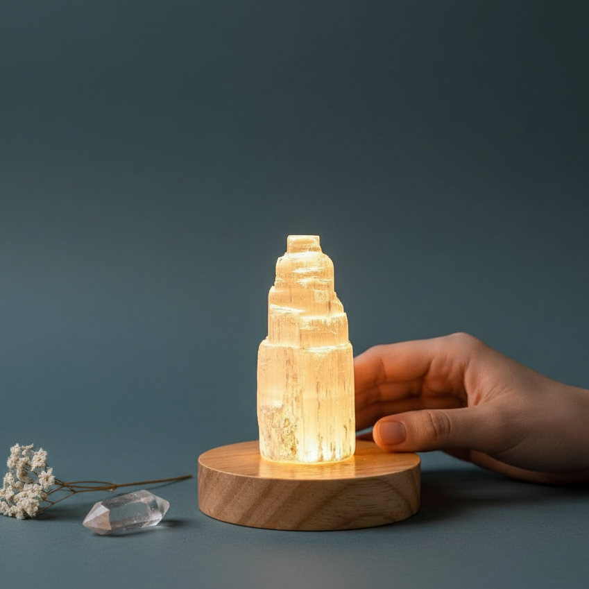 Selenite cleansing crystal lamp glowing on a round wooden base with a hand beside it for size reference and a clear quartz point nearby. — for Carpe Diem Dream