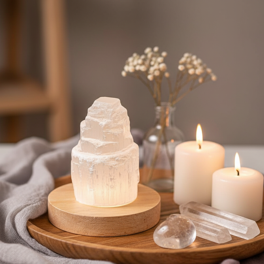 Selenite cleansing crystal lamp glowing on a round wooden base in a spa-style setting with candles, dried flowers, and clear quartz stones. — for Carpe Diem Dream