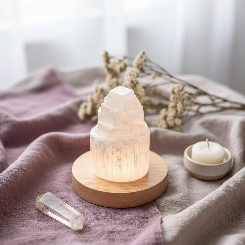 Selenite cleansing crystal lamp glowing on a round wooden base on soft fabric with a small candle, clear quartz point, and dried flowers. — for Carpe Diem Dream