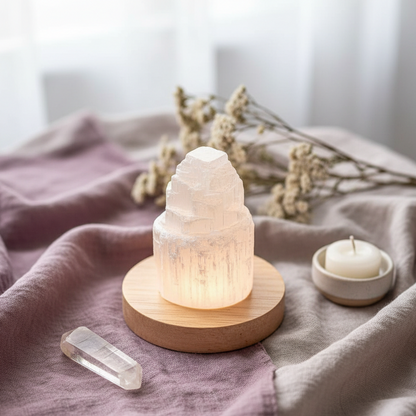 Selenite cleansing crystal lamp glowing on a round wooden base on soft fabric with a small candle, clear quartz point, and dried flowers. — for Carpe Diem Dream