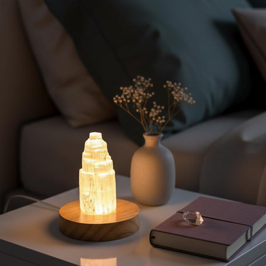 Selenite cleansing crystal lamp glowing on a round wooden base on a bedside table with a journal, crystal, and vase of dried flowers. — for Carpe Diem Dream