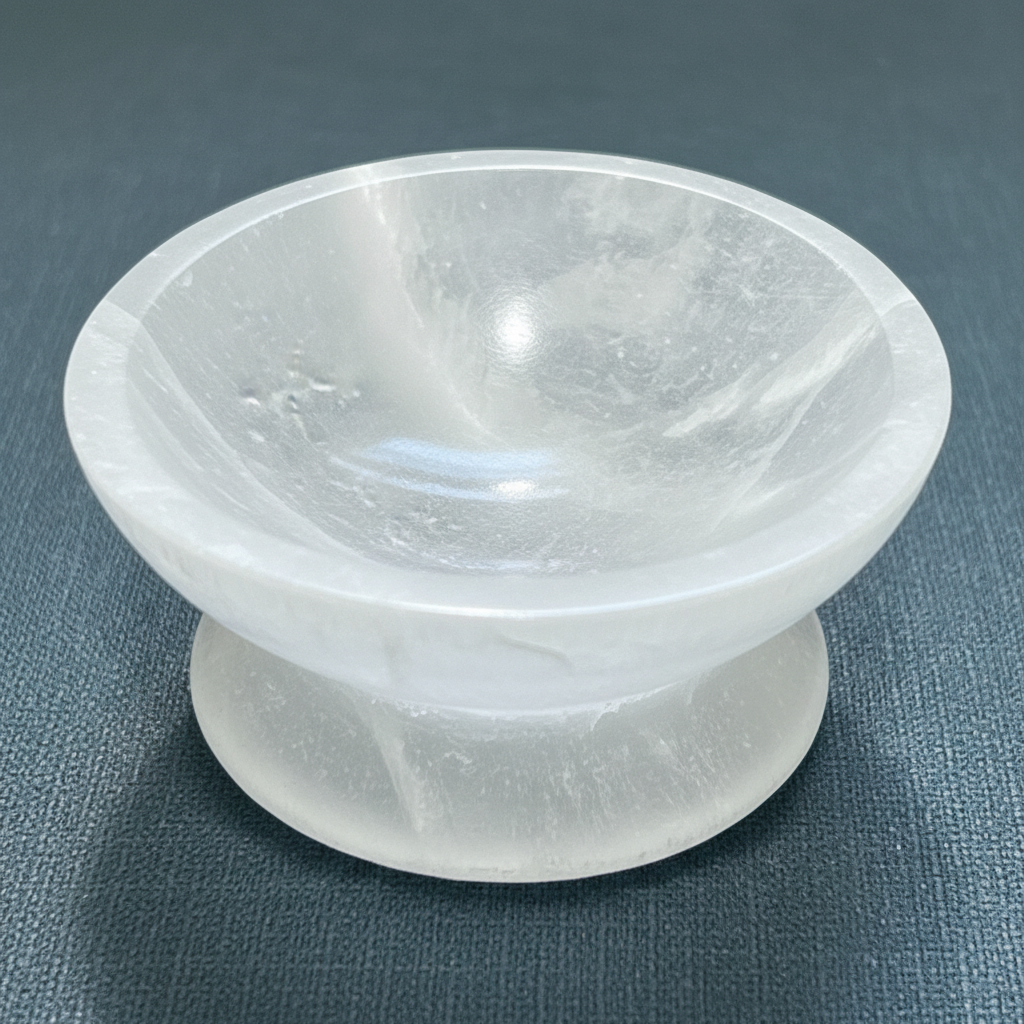 A close-up view of a translucent white selenite crystal bowl with pedestal showing its smooth polished interior. — for Carpe Diem Dream