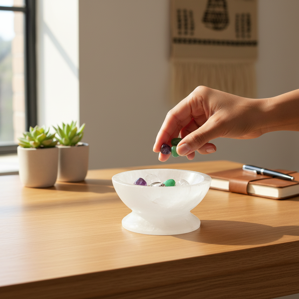 A hand placing small crystals into a translucent white selenite crystal bowl with pedestal on a wooden desk in soft natural light. — for Carpe Diem Dream