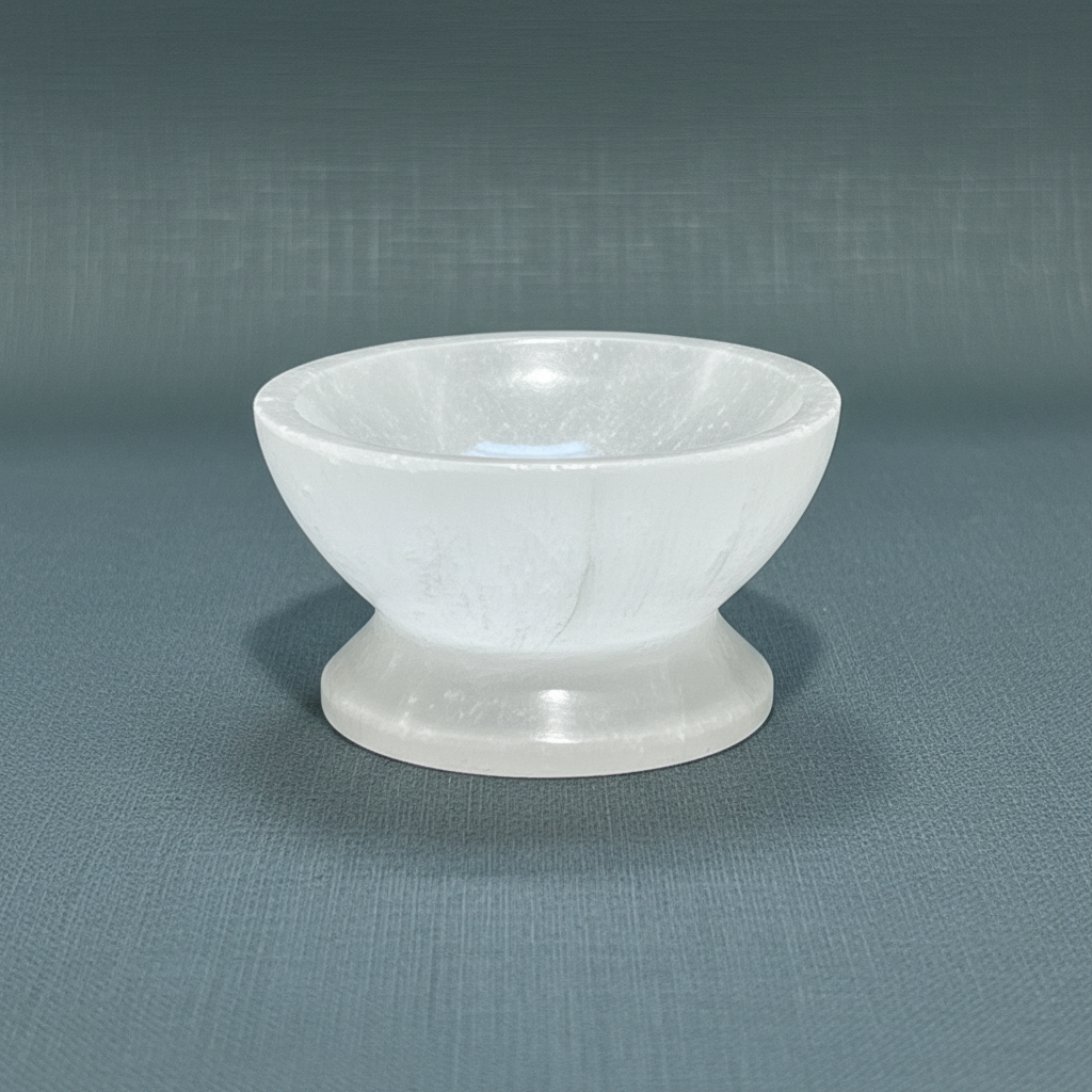A translucent white selenite crystal bowl with pedestal displayed upright on a muted sage linen background. — for Carpe Diem Dream