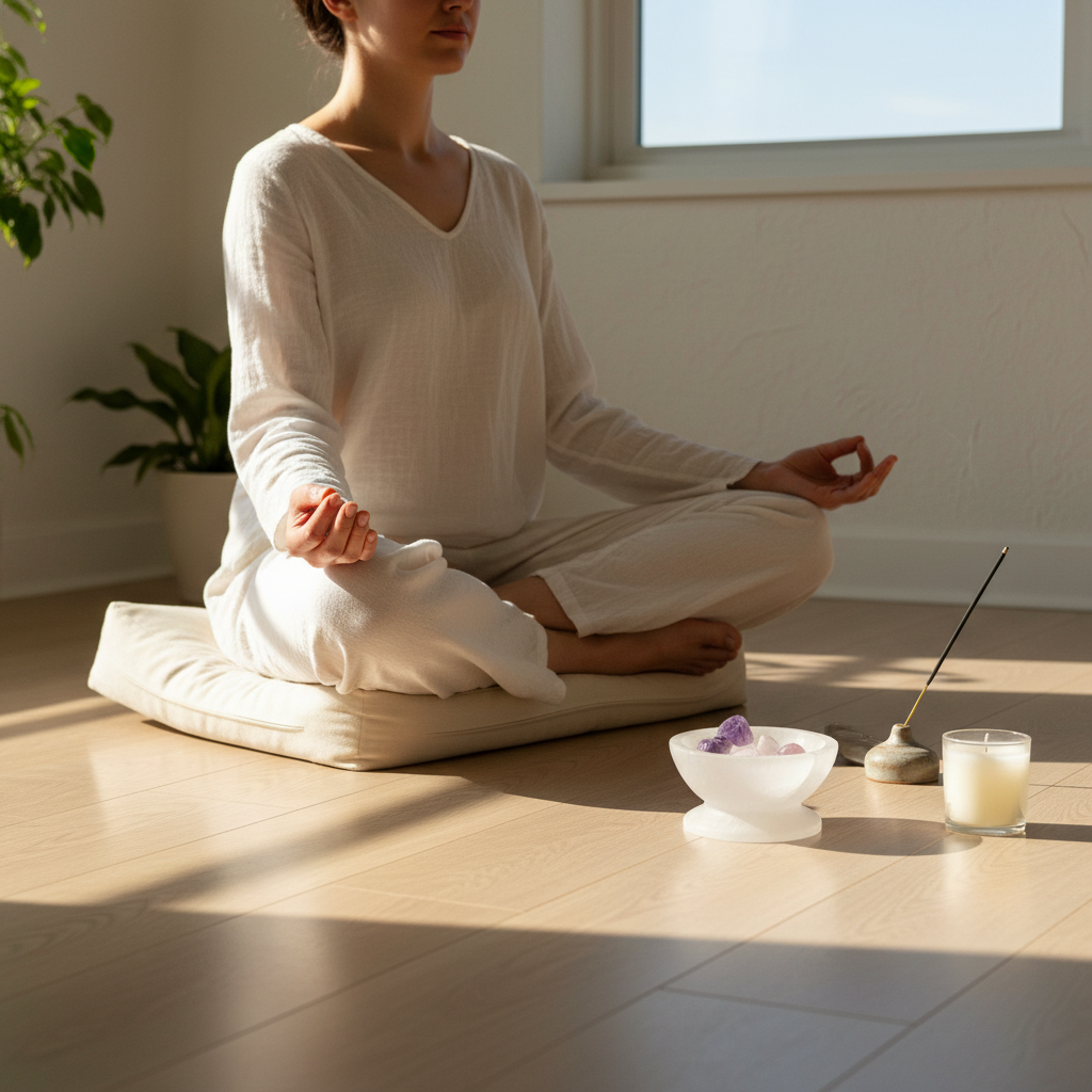 A translucent white selenite crystal bowl with pedestal placed beside crystals, incense, and a candle near a person meditating on a floor cushion in soft natural light. — for Carpe Diem Dream